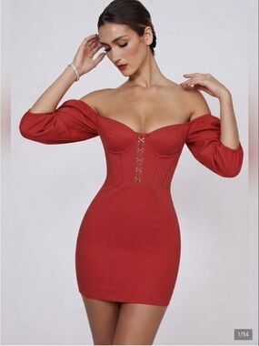 Oh Polly Red Long Sleeve Corset Mini Dress - Structured Bodycon - Size US 6